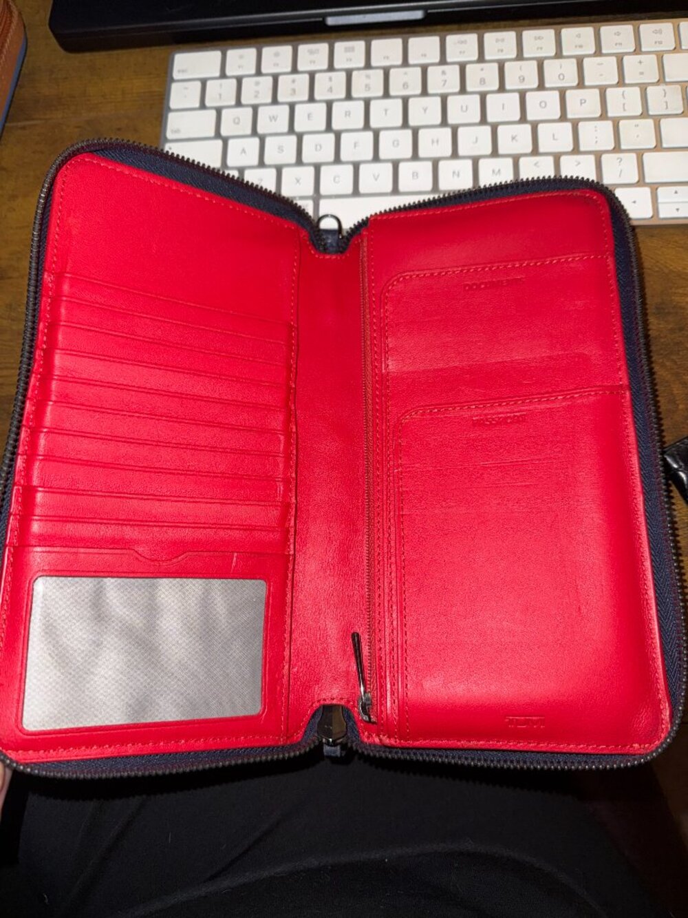 TUMI Leather Zip Around Travel Wallet Passport Organizer Navy Red - Picture 5 of 6